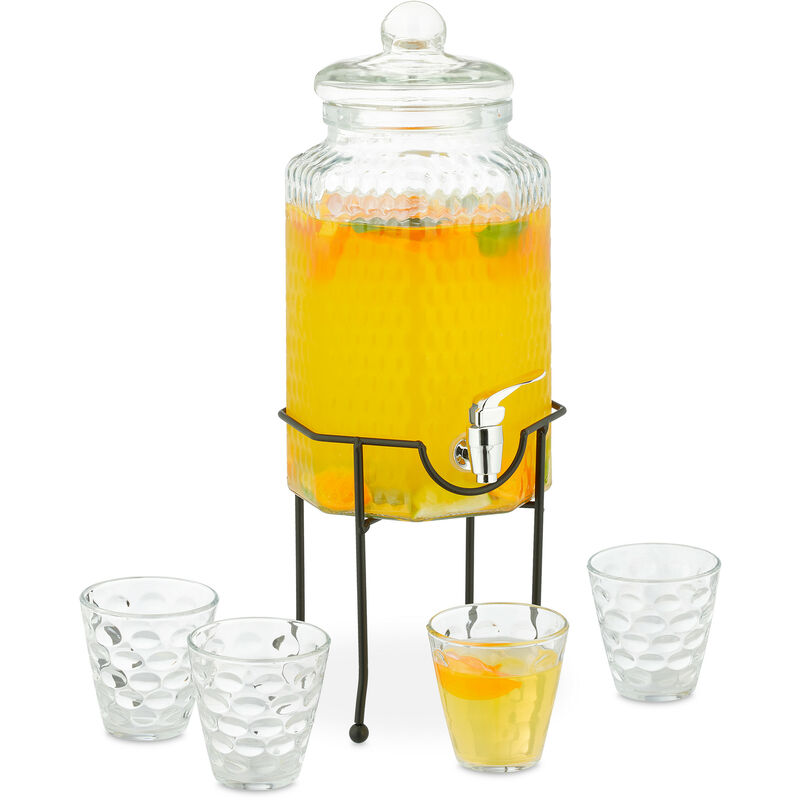 

Set Dispensador Bebidas 4 Litros con Grifo y Soporte, Jarra Cristal Grande, 4 Vasos, Dosificador, Transparente