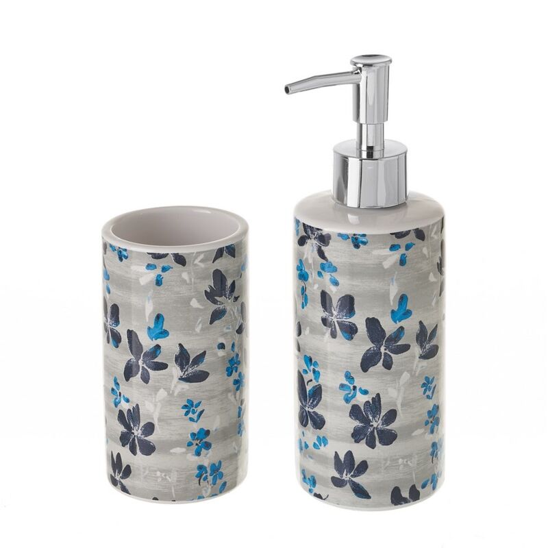 

Lolahome - Set dispensador y portacepillos de flores de cerámica marrón