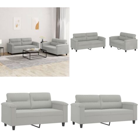 Set Divani 2 pz con Cuscini Grigio Chiaro in Tessuto Microfibra - Divano in microfibra - Divano con cuscini