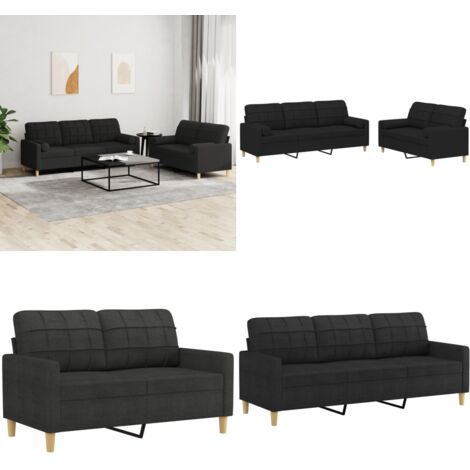 Set Divani 2 pz con Cuscini Nero in Tessuto - Divano a 3 posti - Cuscini decorativi