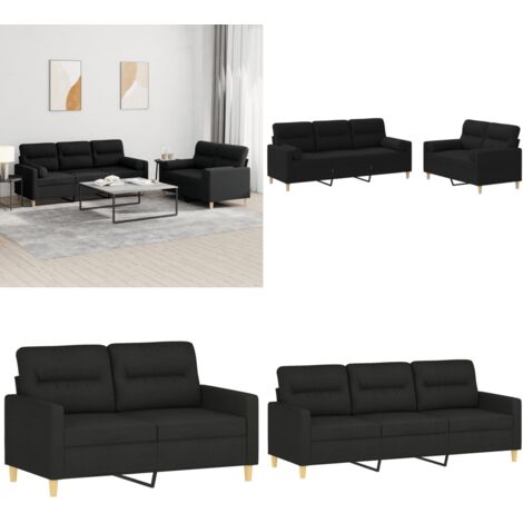 Set Divani 2 pz con Cuscini Nero in Tessuto - Divano a 3 posti - Cuscini decorativi