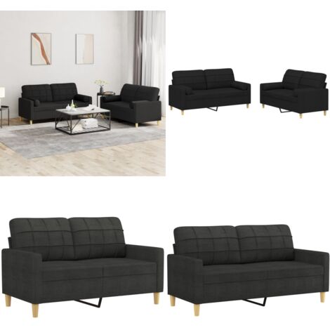 Set Divani 2 pz con Cuscini Nero in Tessuto - Divano in tessuto - Cuscini a rullo