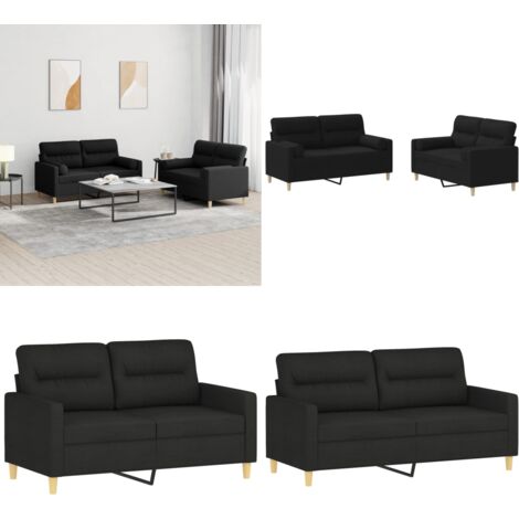 Set Divani 2 pz con Cuscini Nero in Tessuto - Divano in tessuto - Cuscini a rullo