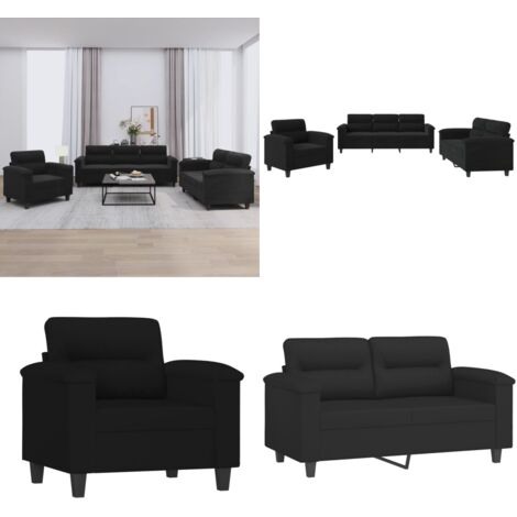 Set Divani 3 pz con Cuscini Nero in Tessuto Microfibra - Divano a 3 posti - Divano con cuscini