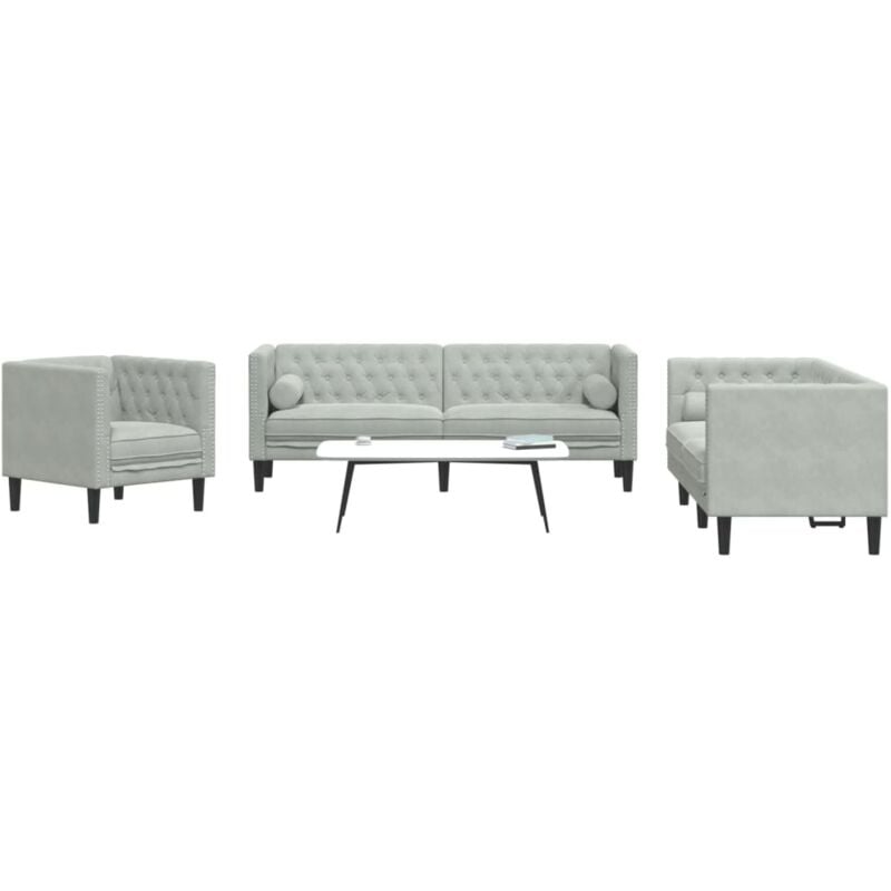 Set Divani Chesterfield 3pz con Cuscini Grigio Chiaro Velluto