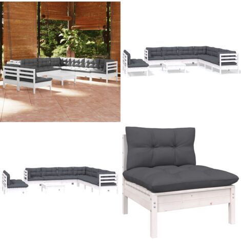 Set Divani da Giardino 10 pz con Cuscini Bianchi Legno di Pino - Divano da esterno - Salotto da giardino