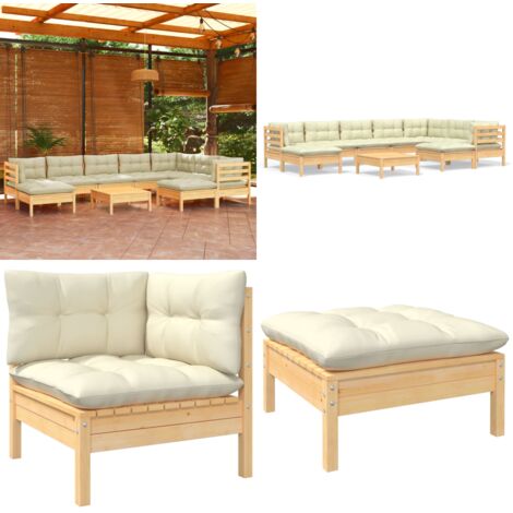 Set Divani da Giardino 10 pz con Cuscini Crema Massello di Pino - Divano angolare - Cuscino da seduta