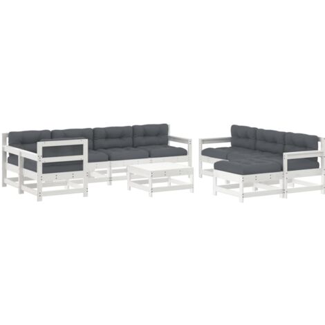 Set Divani da Giardino 10 pz con Cuscini Legno Massello Bianco vidaXL