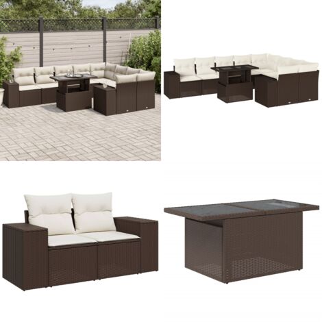 Set Divani da Giardino 10pz con Cuscini in Polyrattan Marrone - Sedute da esterno - Tavolo da giardino