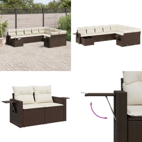 Set Divani da Giardino 10pz con Cuscini in Polyrattan Marrone - Sedute da esterno - Tavolo da giardino