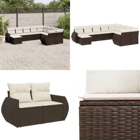 Set Divani da Giardino 10pz con Cuscini in Polyrattan Marrone - Sedute da esterno - Tavolo da giardino