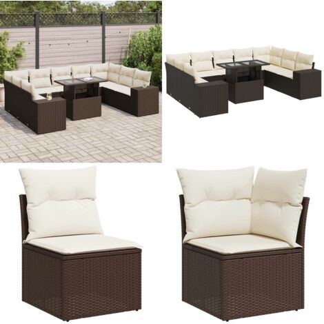 Set Divani da Giardino 10pz con Cuscini in Polyrattan Marrone - Sedute da esterno - Tavolo da giardino