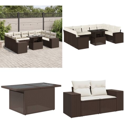 Set Divani da Giardino 10pz con Cuscini in Polyrattan Marrone - Sedute da esterno - Tavolo da giardino