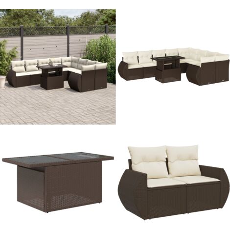 Set Divani da Giardino 10pz con Cuscini in Polyrattan Marrone - Sedute da esterno - Tavolo da giardino