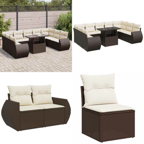 Set Divani da Giardino 10pz con Cuscini in Polyrattan Marrone - Sedute da esterno - Tavolo da giardino