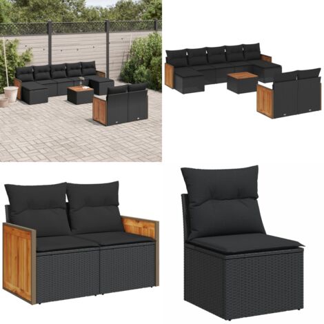 Set Divani da Giardino 10pz con Cuscini in Polyrattan Nero - Poltrone da giardino - Sedute da esterno