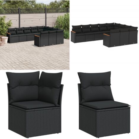 Set Divani da Giardino 10pz con Cuscini in Polyrattan Nero - Sedute da esterno - Cuscini da giardino
