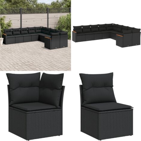 Set Divani da Giardino 10pz con Cuscini in Polyrattan Nero - Sedute da esterno - Cuscini da giardino