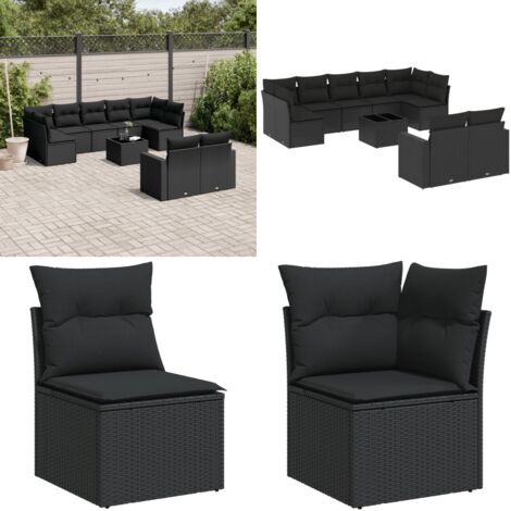 Set Divani da Giardino 10pz con Cuscini in Polyrattan Nero - Sedute da esterno - Cuscini da giardino