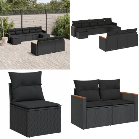 Set Divani da Giardino 10pz con Cuscini in Polyrattan Nero - Sedute da esterno - Cuscini da giardino