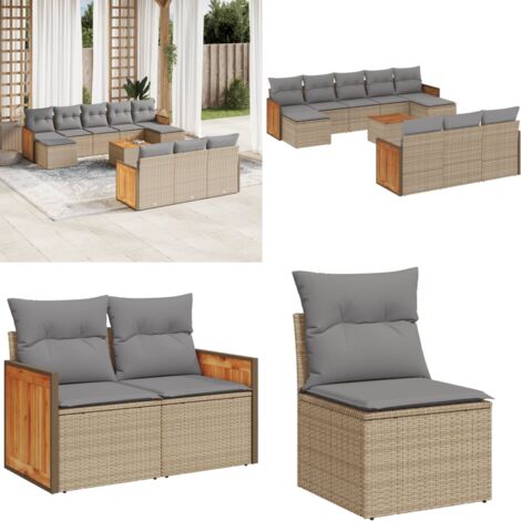 Set Divani da Giardino 11 pz con Cuscini Beige in Polyrattan - Sedute da esterno - Cuscini da giardino