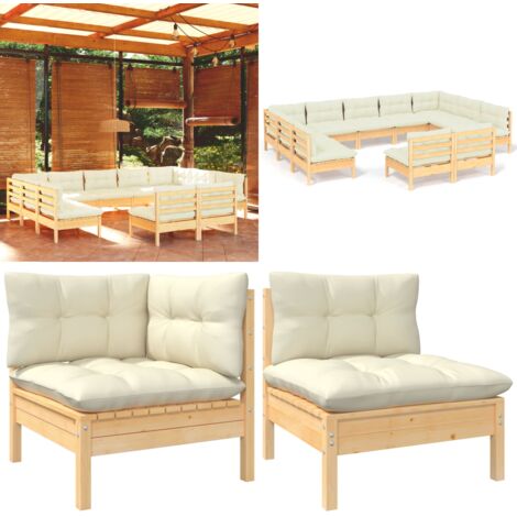 Set Divani da Giardino 11 pz con Cuscini Crema Massello di Pino - Divano angolare - Cuscino da giardino