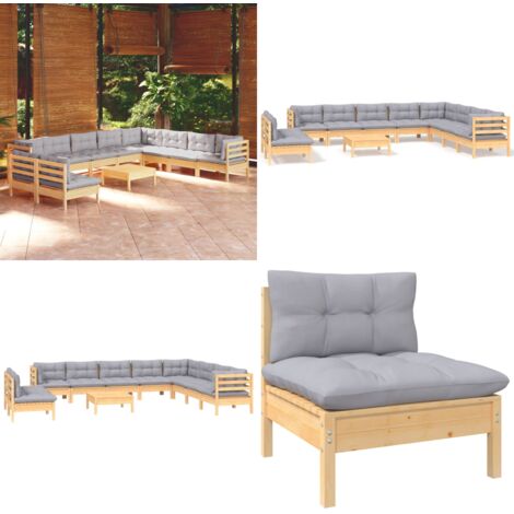 Set Divani da Giardino 11 pz con Cuscini Grigi Massello di Pino - Divano angolare - Cuscini per divano