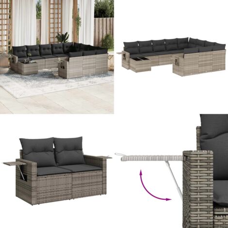 Set Divani da Giardino 11 pz con Cuscini in Polyrattan Grigio - Sedute da esterno - Tavoli da giardino
