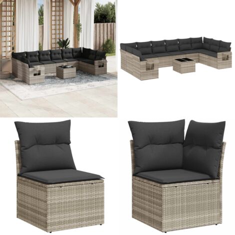 Set Divani da Giardino 11 pz con Cuscini in Polyrattan Grigio - Sedute da esterno - Tavoli da giardino