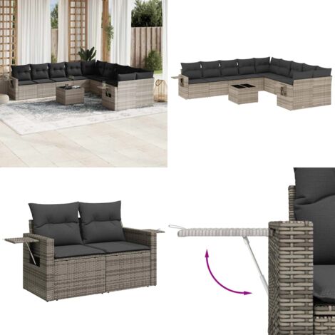 Set Divani da Giardino 11 pz con Cuscini in Polyrattan Grigio - Sedute da esterno - Tavoli da giardino