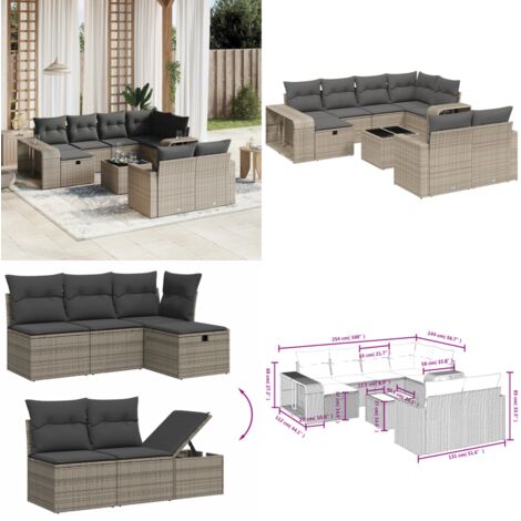 Set Divani da Giardino 11 pz con Cuscini in Polyrattan Grigio - Sedute da esterno - Tavolo da giardino