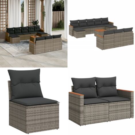 Set Divani da Giardino 11 pz con Cuscini in Polyrattan Grigio - Sedute da esterno - Tavolo da giardino
