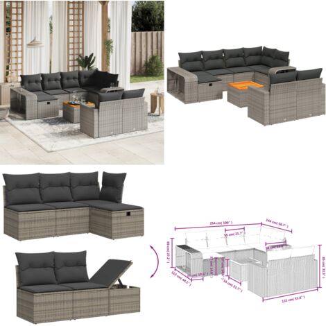 Set Divani da Giardino 11 pz con Cuscini in Polyrattan Grigio - Sedute da esterno - Tavolo da giardino