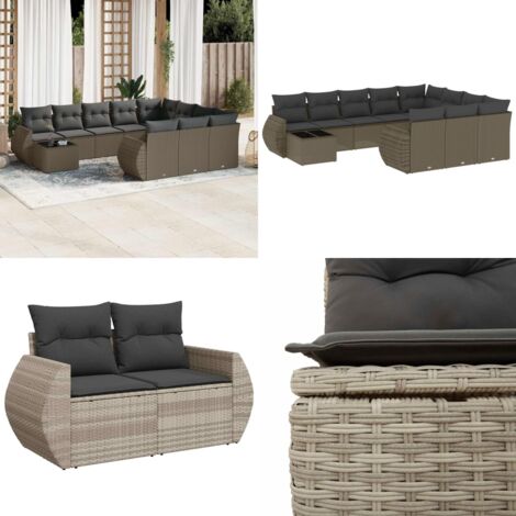 Set Divani da Giardino 11 pz con Cuscini in Polyrattan Grigio - Sedute da esterno - Tavolo da giardino