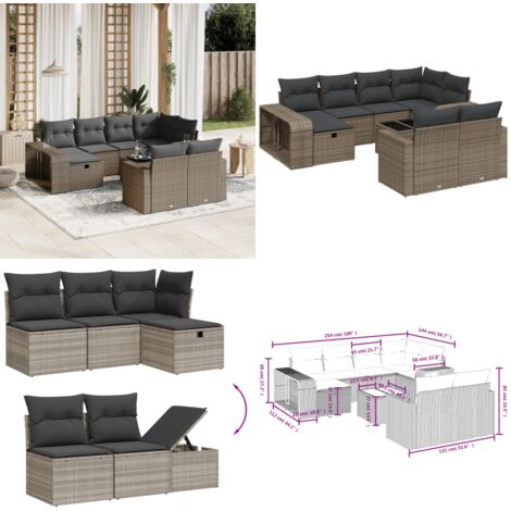 Set Divani da Giardino 11 pz con Cuscini in Polyrattan Grigio - Sedute da esterno - Tavolo da giardino