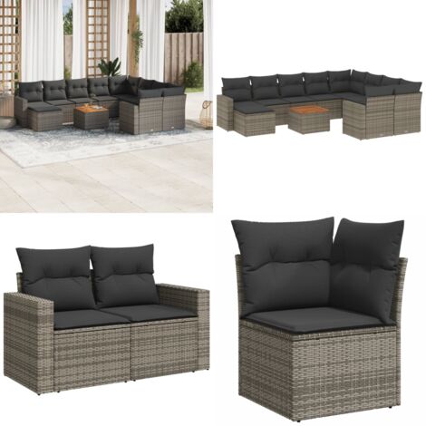 Set Divani da Giardino 11 pz con Cuscini in Polyrattan Grigio - Sedute da giardino - Poltrone da giardino