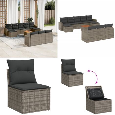 Set Divani da Giardino 11 pz con Cuscini in Polyrattan Grigio - Sedute da giardino - Poltrone da giardino