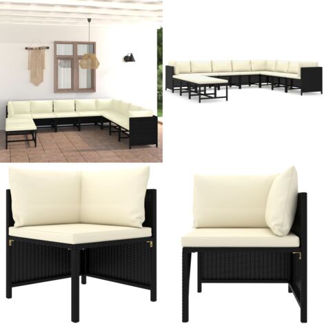 Set Divani da Giardino 11 pz con Cuscini in Polyrattan Nero - Divano angolare - Polyrattan
