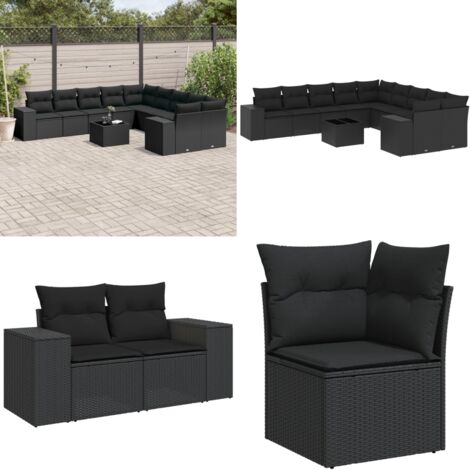Set Divani da Giardino 11 pz con Cuscini in Polyrattan Nero - Sedute da esterno - Cuscini da giardino