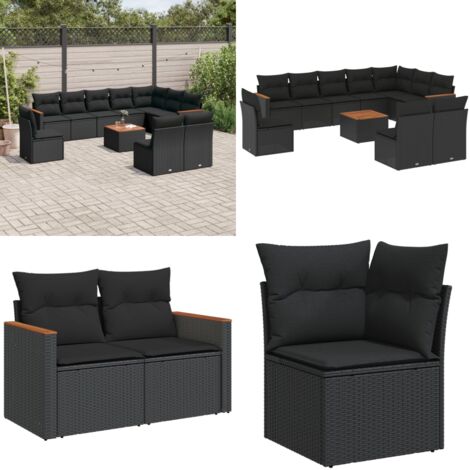 Set Divani da Giardino 11 pz con Cuscini in Polyrattan Nero - Sedute da esterno - Cuscini da giardino