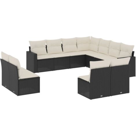 Set Divani da Giardino 11 pz con Cuscini in Polyrattan Nero vidaXL