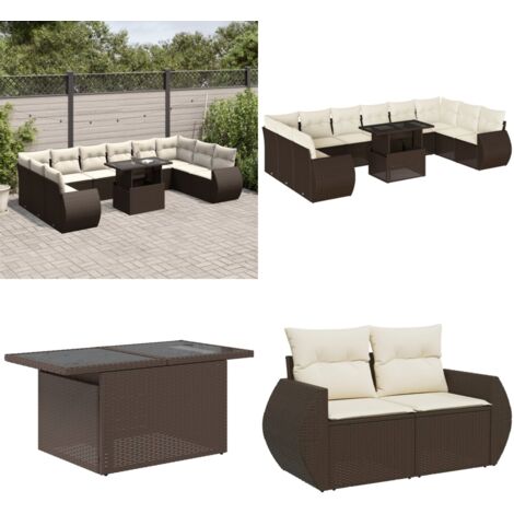 Set Divani da Giardino 11 pz con Cuscini Polyrattan Marrone - Sedute da esterno - Tavolo da giardino
