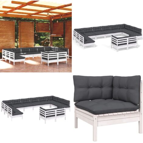 Set Divani da Giardino 12 pz con Cuscini Bianchi Legno di Pino - Divano da esterno - Cuscino da seduta