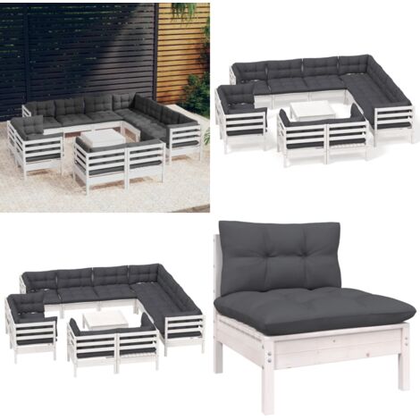 Set Divani da Giardino 12 pz con Cuscini Bianchi Legno di Pino - Salotto da giardino - Divano in legno