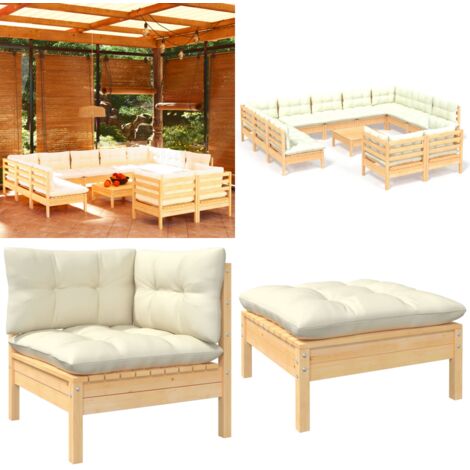 Set Divani da Giardino 12 pz con Cuscini Crema Massello di Pino - Divano angolare - Cuscino da seduta