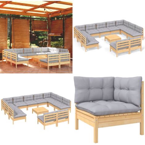 Set Divani da Giardino 12 pz con Cuscini Grigi Massello di Pino - Divano angolare - Cuscino da seduta