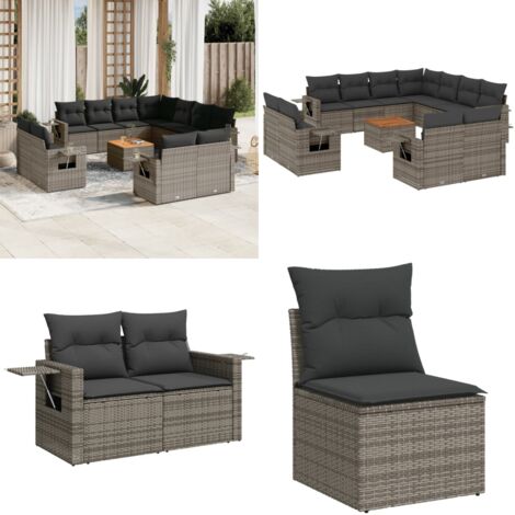 Set Divani da Giardino 12 pz con Cuscini Grigio in Polyrattan - Sedute da esterno - Tavolo da giardino