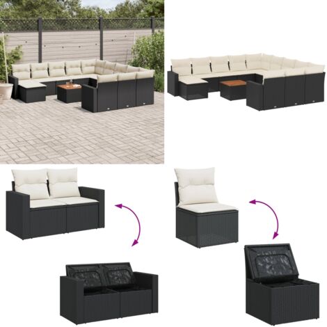 Set Divani da Giardino 13pz con Cuscini Nero in Polyrattan - Sedute da giardino - Poltrone da giardino