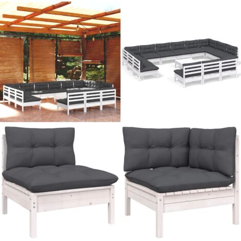 Set Divani da Giardino 14 pz con Cuscini Bianchi Legno di Pino - Divano da esterno - Salotto da giardino