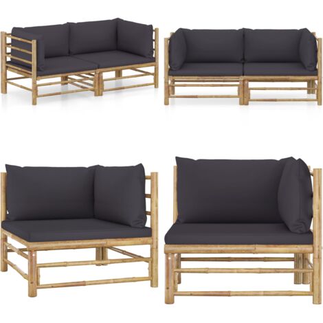Set Divani da Giardino 2 pz con Cuscini Grigio Scuro in Bambù - Divano da giardino con cuscini - Cuscino da giardino bambù